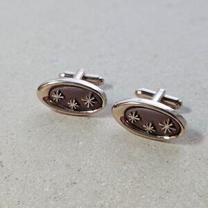 Vtg 50s Mid Century Modern Atomic Starburst Cufflinks Gold Tone Brown Oval MCM